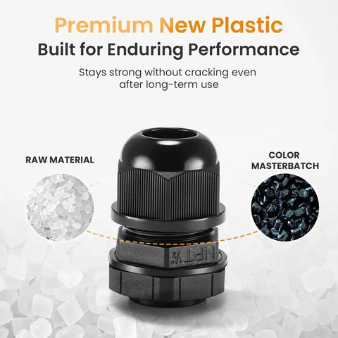 50 Pack One Half Inch NPT Cable Gland Waterproof IP68 Nylon Pass Through Cord Grip Connector Strain Relief Wire Grommet Heavy Duty Sealing