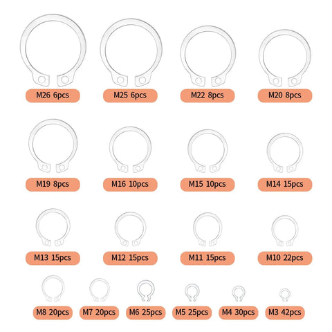 300 Piece Retaining Ring Set With Internal And External Snap Rings In Stainless Steel Circlip Retention Rings 18 Size Assortment