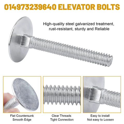 Elevator bolts 1/4-20 x 2, zinc-plated flat-head fasteners for roll-up doors and garage mounts.
Flat countersunk elevator bolt with smooth edge, zinc-plated finish.
Elevator bolt thread close-up showing clear threads for tight connection.
Installed elevator bolt with flush zinc-plated head and secure fit.
