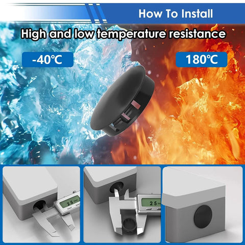 Installation of Eight Size Nylon Hole Plugs Set With 135 Pieces In Plastic Box with size measurements and temperature resistance.