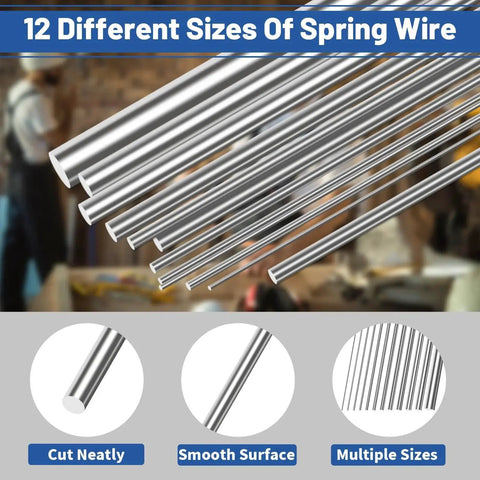 Stainless Steel Spring Wire Set With 104 Pieces In 12 Sizes From 0.3mm To 3mm And 400mm Length For Hard Straight Wire For DIY RC Models And Ship Building A Solid Go To Kit For Custom Projects Repairs And Pro Builds Glarks, showing different wire sizes.
