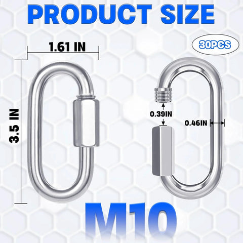 Product size diagram of M10 quick links with 3.5in length and detailed dimensions for 30 Pack M10 Quick Links And Three Eighths Inch Heavy Duty Locking Carabiners Set.