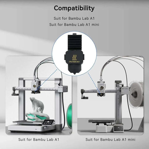 Compatibility of A1 Mini and A1 Hotend Print Head Kit With 0.2mm 0.4mm 0.6mm Nozzles on Bambu Lab 3D Printer models.