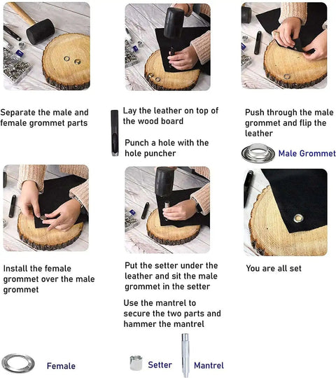 Step-by-step instructions for using All-In-One One-Eighth Inch Metal Grommets And Eyelets Kit, 200 Sets For Fabric Leather Tarps Clothing Boots And Sewing, Includes Rivets, Nickel-Free Brass Hardware, Built Tough For DIY Projects And Quick Repairs with tools.