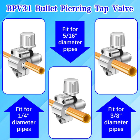 BPV31 Bullet Piercing Tap Valve kit; silver metal body with copper tube; fits 1/4, 5/16, 3/8 in OD pipes