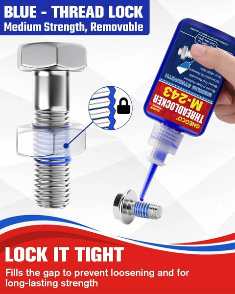 Image showing a bottle of Blue Thread Locker Medium Strength being applied to a metal bolt, preventing loosening and corrosion.