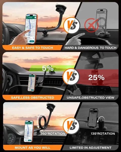 Comparison showing MagSafe Car Phone Mount With 14 Inch Gooseneck Long Arm Extension with strong magnets versus standard mounts.