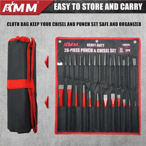 Heavy Duty 28-Piece Punch and Chisel Set in roll-up pouch with Cr-V and high carbon steel for woodworking and metalworking.