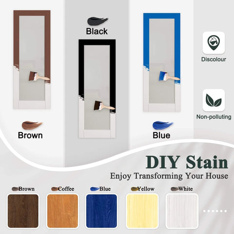 DIY stain color options for 36 Inch By 80 Inch White Sliding Barn Door with Hardware Kit, featuring paintbrushes applying Brown, Black, and Blue colors.