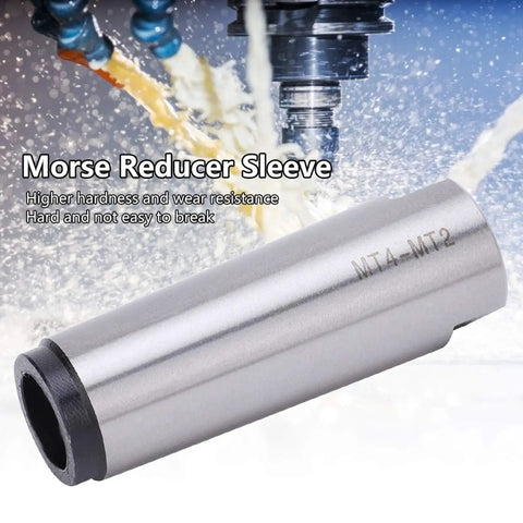 Morse taper reducer sleeve MT4-MT2 in silver metal for lathe, milling, and CNC fixtures