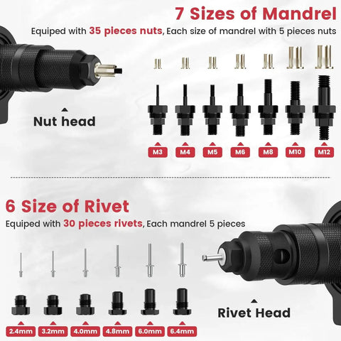 2 In 1 Cordless Rivet Nut Tool Kit For Drill Converts Your Drill Into A Pro Rivet Gun With 7 Metric Mandrels, 6 Rivet Head Sizes