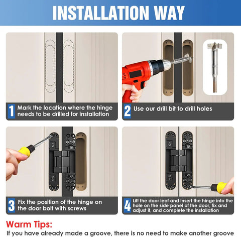 Installation guide for Hidden Door Hinges For Secret Doors 6 Inch By 2.5 By 1 3 Way Adjustable Butt With Invisible Concealed Mounting For Sleek No Drama Hidden Doors Black 2 Pack By Eegoowa