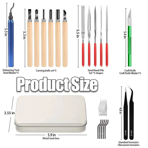 Image of Go To 25 Piece Precision Deburring Kit with various tools and sizes, including craft knife, hand file, and bent stainless tweezers.