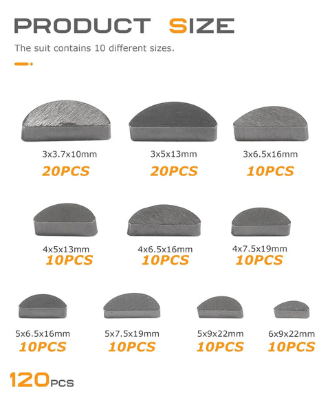 Woodruff Key Set 120 Piece Semicircle Key Assortment With 10 Sizes Half Moon Keys For Flywheel Applications, shown in different sizes