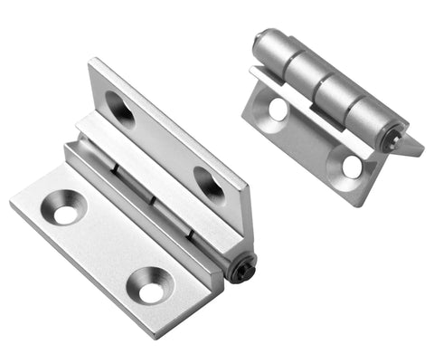 Front view of two silver aluminum torque position control hinges with mounting plates