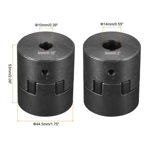Flexible Coupling Shaft From 10mm To 14mm Bore, 53mm Long, 44.5mm Outer Diameter shown with size details for motor assemblies.