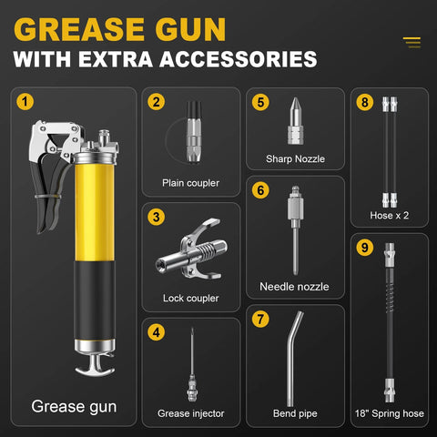Fantictas grease gun kit with 8000 PSI, includes two hoses, bend pipe, injector, plain/lock couplers, needle and nozzles.