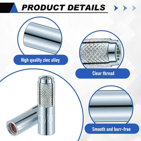 100 Pcs 3/8-16 Concrete Anchors Zinc Plated Carbon Steel Drop-In Anchors with clear thread and inner female thread expansion