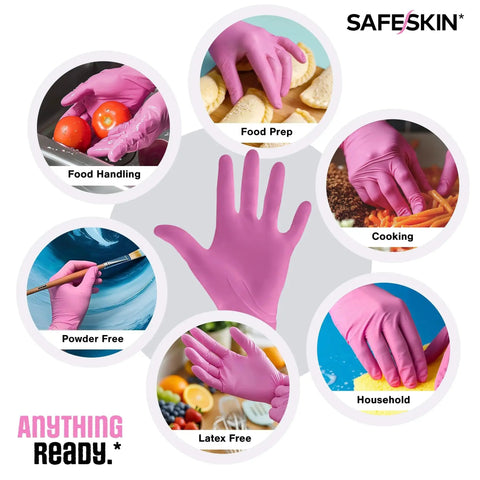 Diagram showcasing Magenta Nitrile Gloves 2.0 Mil Large Disposable Powder Free All Purpose 100 Ct in various uses like cooking and food prep.