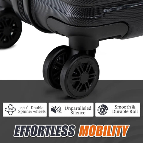 Close-up of spinner wheels on 5 Piece Luggage Set With Spinner Wheels ABS Hard Case Suitcases Include 28 Inch Large, durable mobility