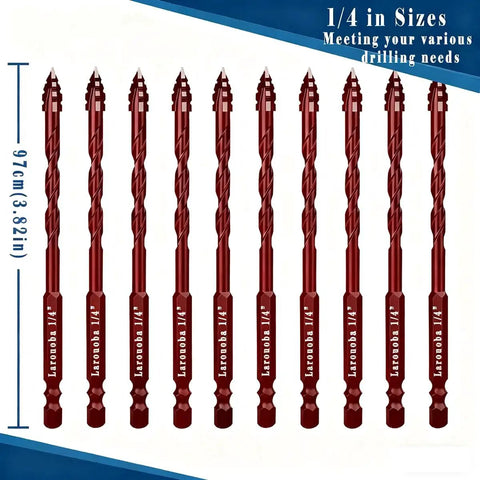 10 Piece Red One Quarter Inch Serrated Eccentric Masonry Drill Bit Set Pro Grade For Concrete Tile Brick Glass Plastic Marble And Wood Includes 6mm Bits And Precision Crisscross Serrated Tip For Skid Free Drilling