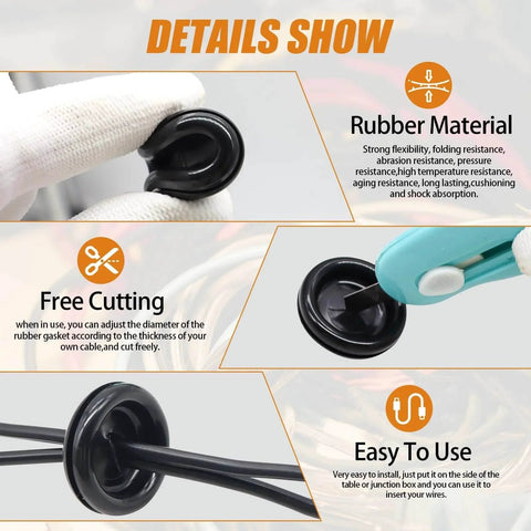 Details show of Closed Rubber Grommet Kit With Firewall Hole Plugs Assortment in use for cutting and installation examples.