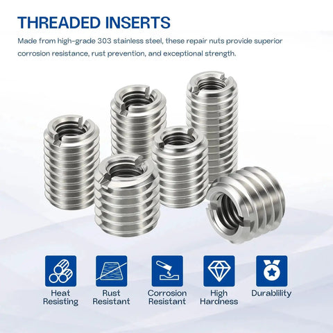 Front view: ten stainless steel threaded inserts; M6x1 male to M4x0.7 female, 15mm length