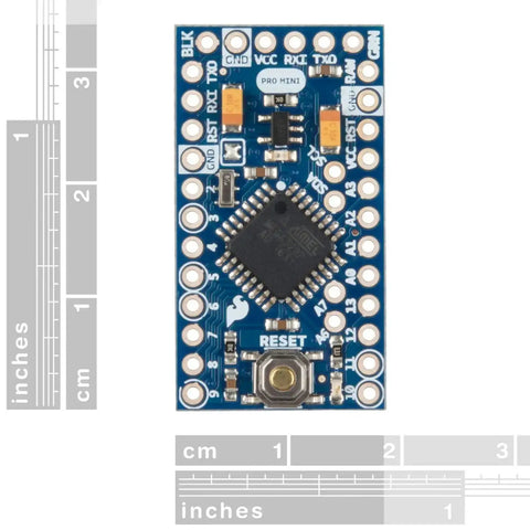 3.3V 8MHz Pro Mini ATmega328 Development Board for Arduino with no USB, blue circuit board with auto-reset feature, top view.