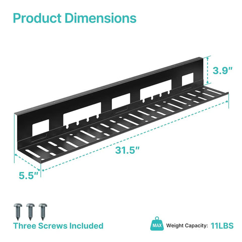 Under Desk Cable Management Tray 31.5 Inch Metal Cord Organizer Rack dimensions and screws included in black durable steel