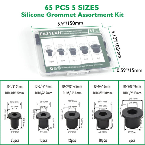 65 Pack Top Hat Rubber Grommets Assortment Kit for wiring and tubing in organizer case with size details, ideal for hydroponics and automotive applications.
