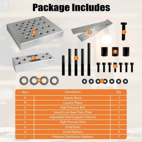 Universal 30 Ton Bearing and Bushing Press Fixture Kit components and accessories displayed with labels and descriptions.