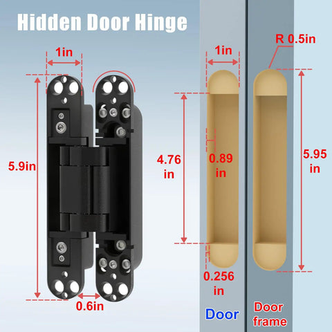 Hidden Door Hinge Set For Secret Bookcase Doors, Silent Rotating Concealed Hinges, 6 Inch, Side Mount with dimensions