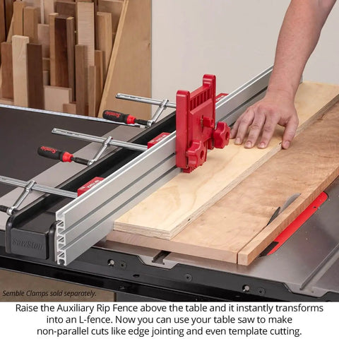 Auxiliary Rip Fence 48 Inch Table Saw Extension For Infeed Or Outfeed Material Support With Built In T Track Slots And Sliding Clamping Blocks Pro Grade USA Made ARF 48 installed on table saw