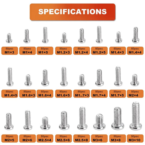 Mini Pan Head Screws Kit For Eyewear And Small Electronics 1200 Pcs In 24 Sizes With Clear Storage Box Ni Plated Carbon Steel Bolts
