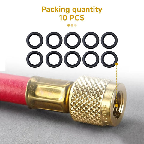 10-pack of black rubber O-ring seals for 1/4 in HVAC quick couplers, shown with brass fitting and red hose