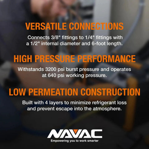 High Flow Refrigerant Hose for HVAC One Half Inch to One Quarter Inch Fittings Six Feet Long One Half Inch Inner Diameter Fast Evacuation and Recovery Three Thousand Two Hundred PSI Burst Twenty Micron Vacuum One Year Warranty. Features include versatile connections, high pressure performance, and low permeation construction.