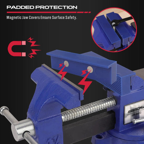 Heavy Duty Four And A Half Inch Tough As Nails Bench Vise With Multi Jaw Design, close-up of magnetic padded protection