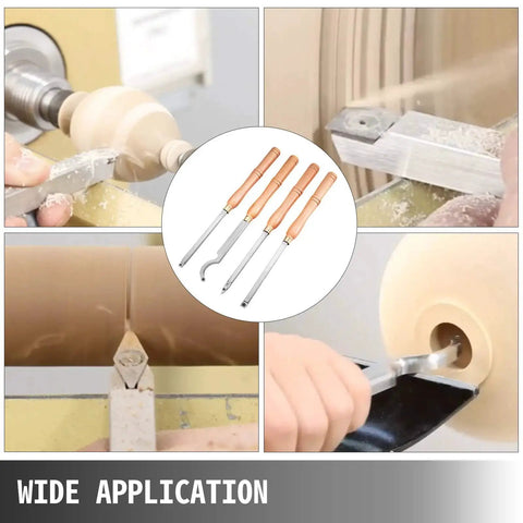 Durable Wood Turning Tools Set For DIY Hobbyists With Carbide Round Square Diamond Cutters And Comfortable Grip Handles 4 Piece Lathe Tool Kit By VEVOR displayed with various woodturning applications