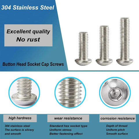 M3 Button Head Socket Cap Screws Kit 75Pcs 304 Stainless Steel Fully Threaded Hex Drive Bright Finish Assortment Display