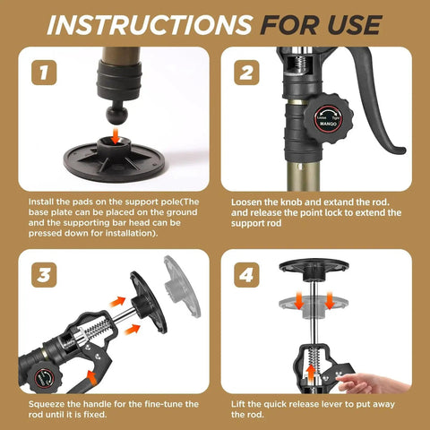 Instructions on using Cabinet Jacks 3rd Hand Pole Extends 12.6 To 23.6 In Supports 156 Lbs 2 Pack with setup steps.