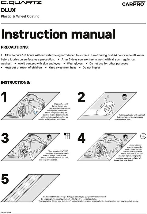 Instruction manual for DLUX Wheel and Trim Ceramic Coating 30mL with UV Protection for Alloy Wheels and Exterior Plastics.