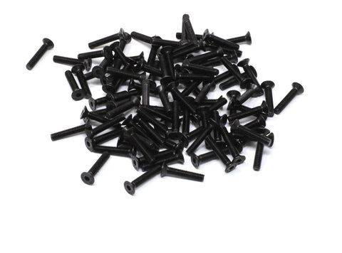 100 Pcs Bulk M3 X 16mm Hex Socket Flat Head Cap Screws, Black Oxide Finish, 12.9 Grade Alloy Steel, scattered on white surface