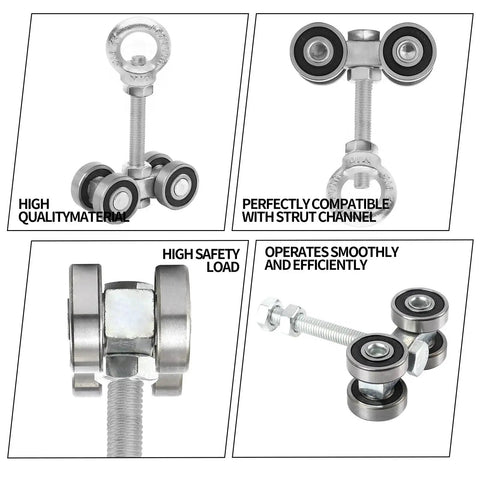 Four Wheel Trolley Assembly Rollers For One And Five Eighths Inch Wide Strut Channel, galvanized steel, multiple angles, high safety load