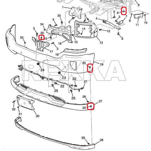 Illustration showing installation for 20 Piece Fender Liner Bumper Cover Splash Shield Bolt Kit For GM Ford Chevy Cars Suvs Including Camaro Cruze Equinox Silverado Malibu Fusion Mustang Edge Escape Explorer F150 Rexka