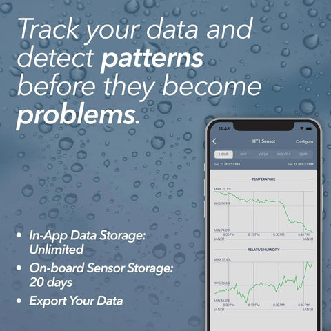Smart Temperature And Humidity Sensor With App Monitoring From SensorPush HT1 Thermometer Hygrometer For Indoor And Outdoor Use Including Heat Index For RV Fridge And More showing phone app interface with data graphs