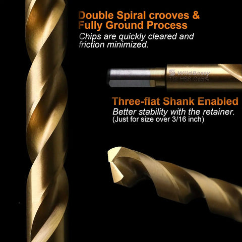 Close-up of Cobalt Drill Bit Set For Hardened Metal M35 Cobalt Steel HSS showing double spiral grooves and three-flat shank.