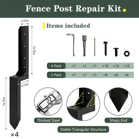 Beefed Up Heavy Duty Fence Post Anchor and Repair Kit for 4x4 and 6x6 Wood Posts with tools and hardware included
