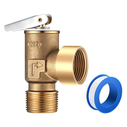 Gulfmew 30 PSI brass pressure relief valve with 3/4 NPT threads; includes blue PTFE tape.