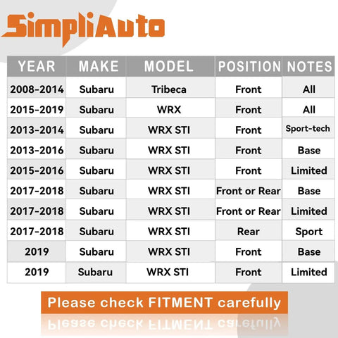SimpliAuto fitment guide for Subaru Tribeca, WRX, WRX STI models from 2008-2019 with position notes.