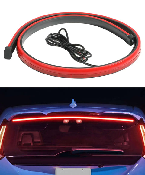 35 Inch Third Brake LED Light Strip Flexible DC12V High Mount Stop Light for Trucks SUVs and RVs shown coiled and installed on vehicle
